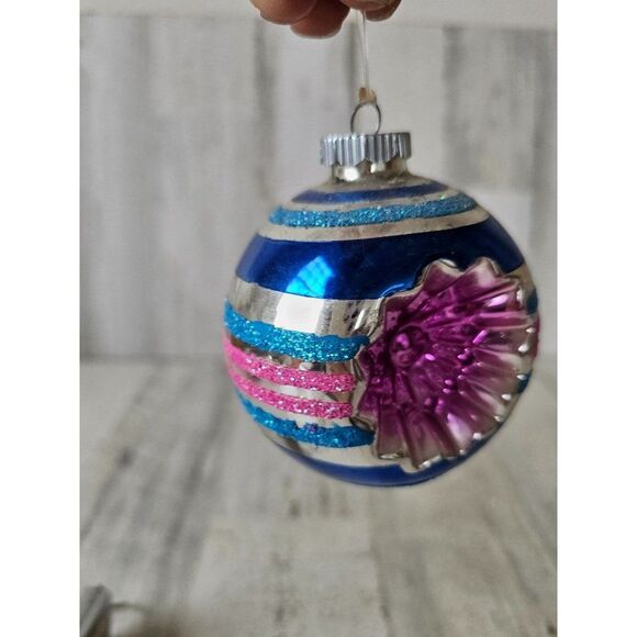 Vintage radko shiny Brite reflector blue striped ball ornament Xmas tree - Picture 4 of 10